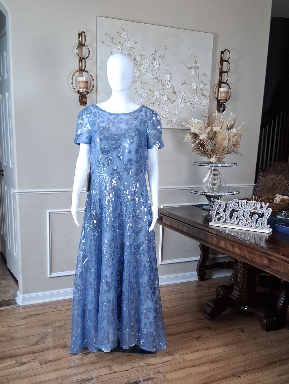 New Women's Dusty Blue Sequin Lace Evening Formal High Low Dress Size 14 - Picture 7 of 16